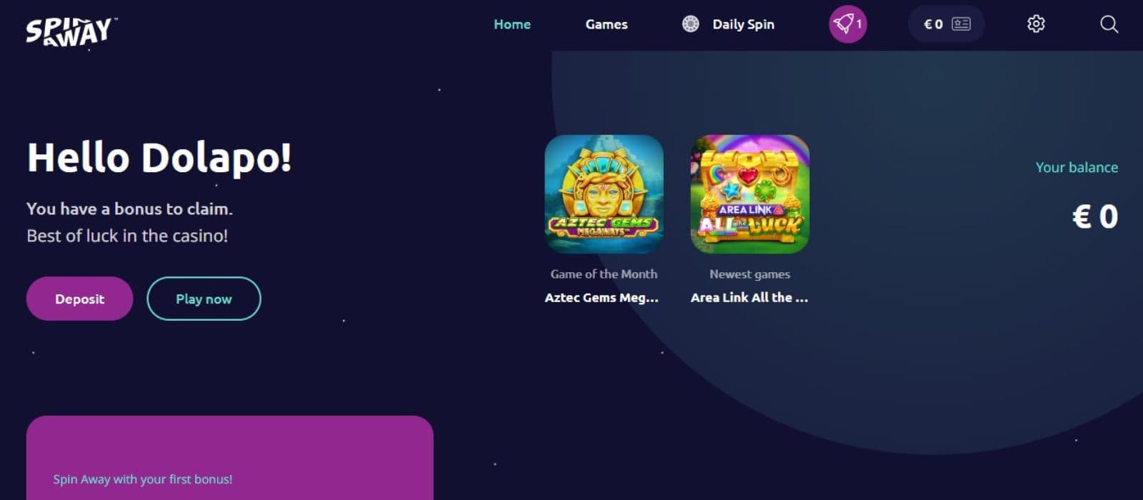 SpinAway Casino's landing page showing game of the month and Newest game added.