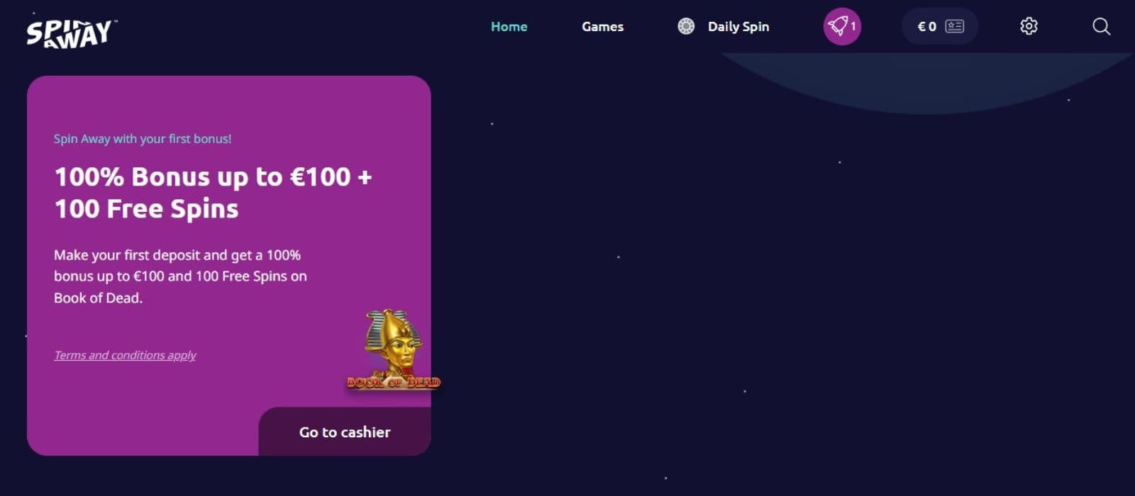 SpinAway Casino's first deposit bonus offer worth up to €100 plus 100 free spins.