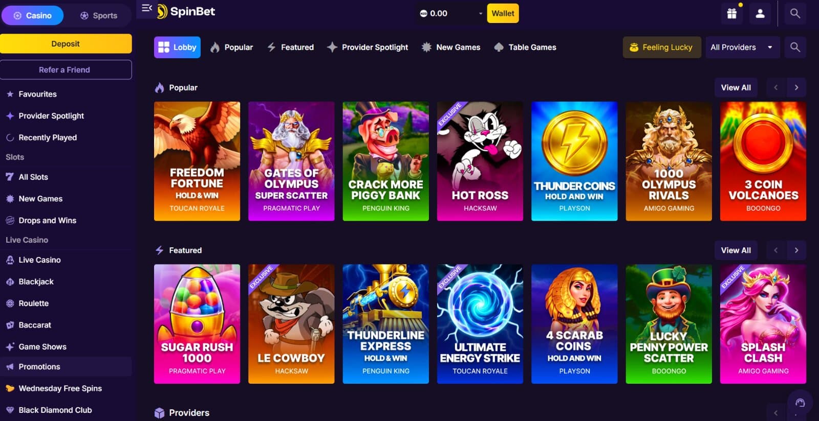 SpinBet Casino games page featuring the slot icons under sorting tabs, filter and search button, with side navigational menu