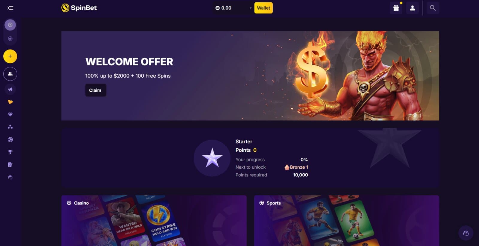 SpinBet Casino landing page featuring the first deposit bonus of 2000 euro plus 100 free spins with banner image, alongside casino and sports banners