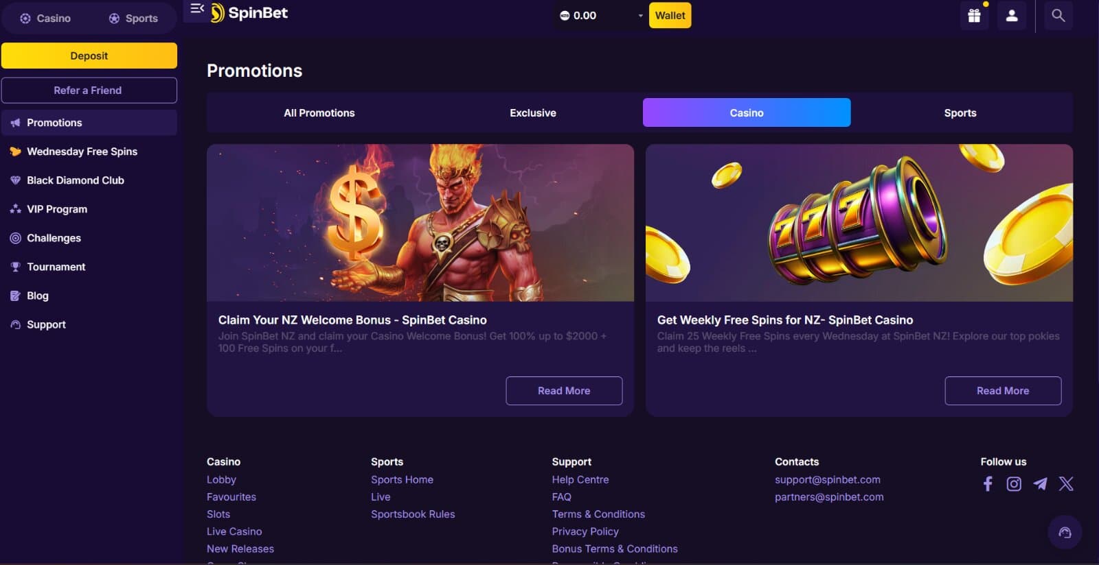SpinBet Casino promotions page featuring the welcome bonus package and weekly free spins reload bonus with their respective image banners