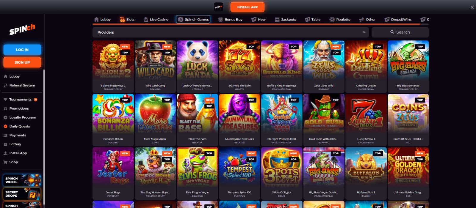 Spinch games page showing a selection of slot games and game categories