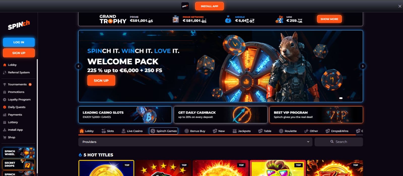 Spinch Casino landing page showing the welcome bonus offer and main menu to the left
