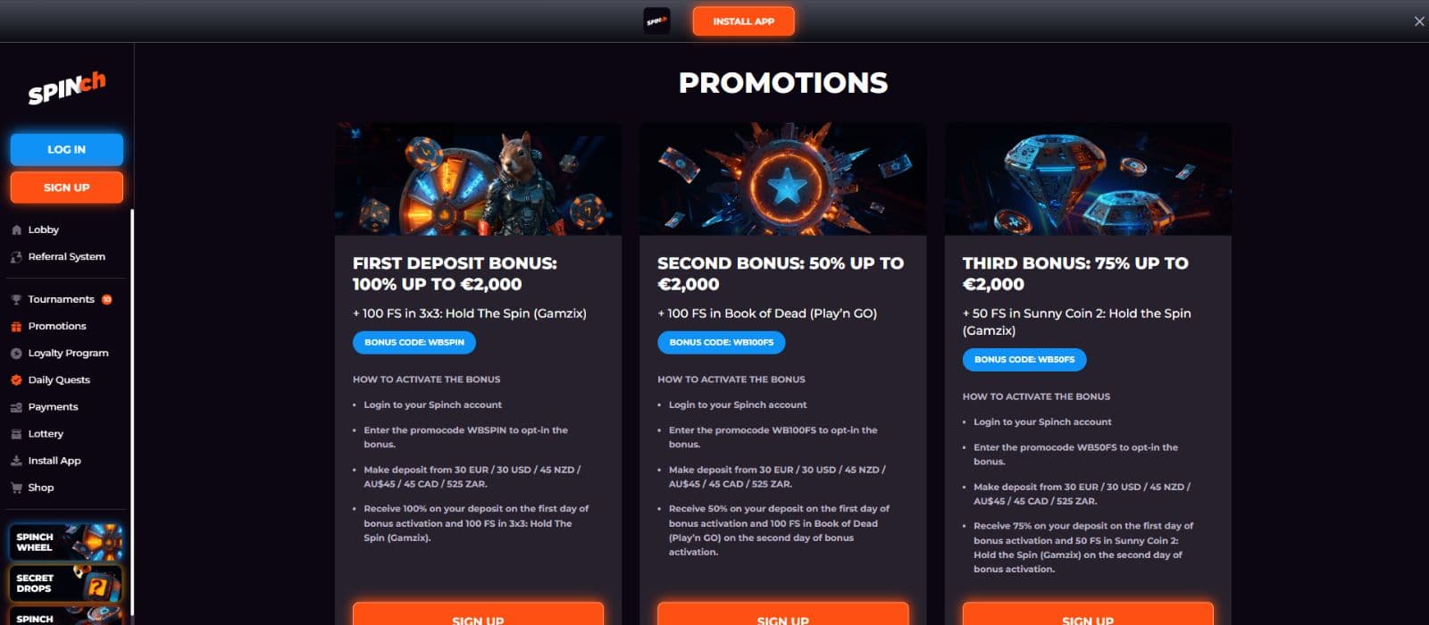 Spinch Casino promotions page showing the available welcome bonuses and promotions
