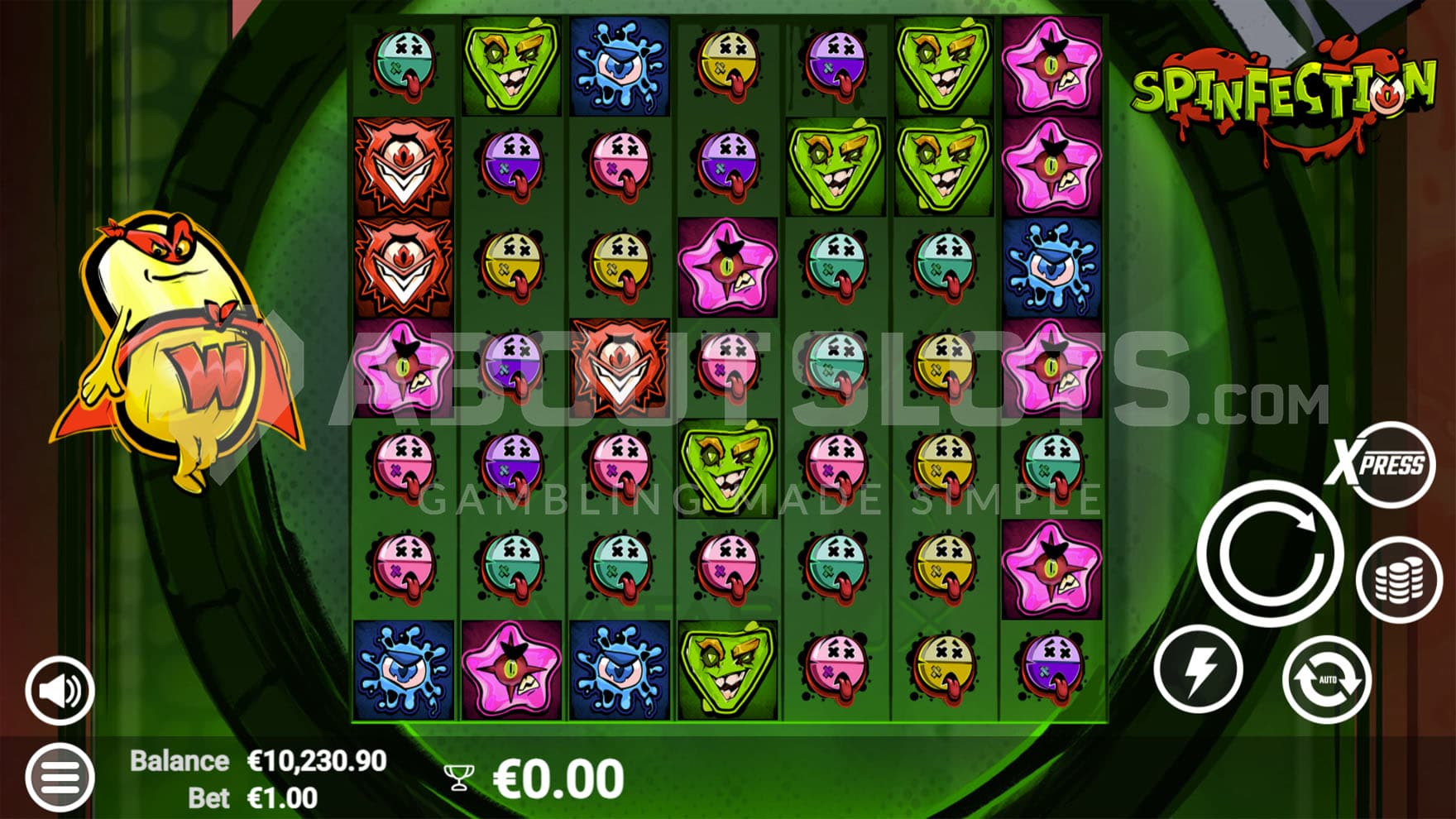 Base Game view of a 7x7 grid on a green backdrop, with a superhero pill character on the left.