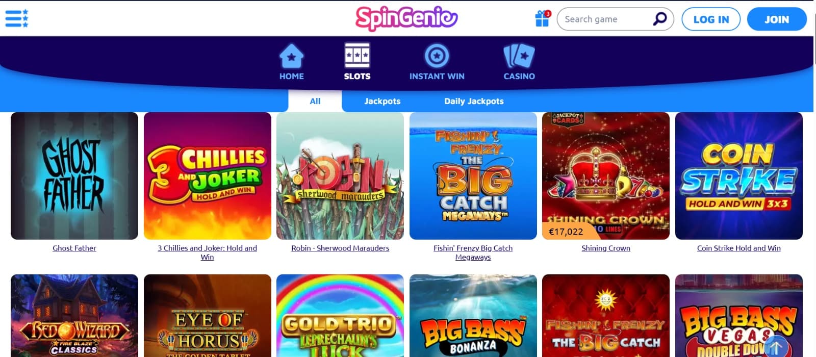 Spingenie Casino games page with Big Bass Bonanza and Coin Strike slots