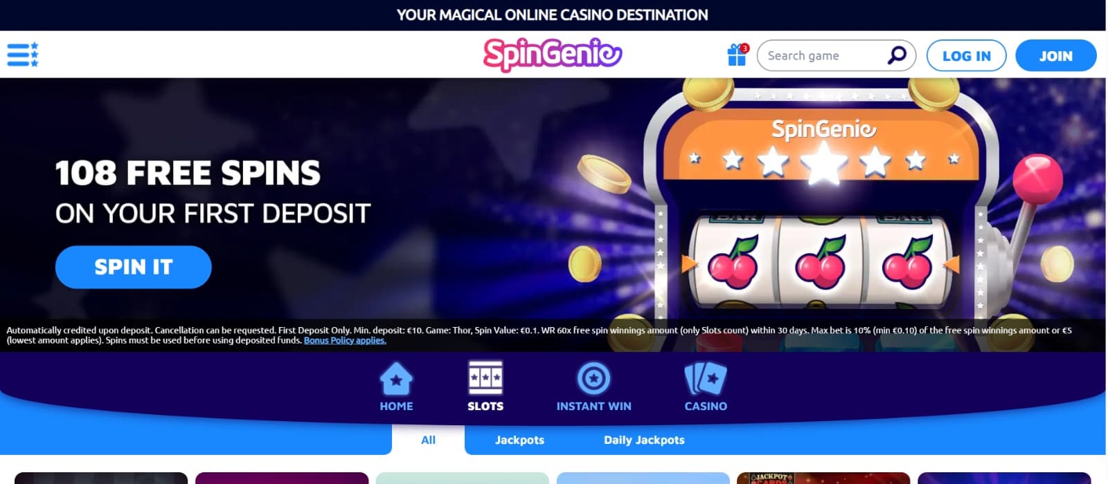 Spingenie Casino landing page with free spins bonus and cherry slot machine