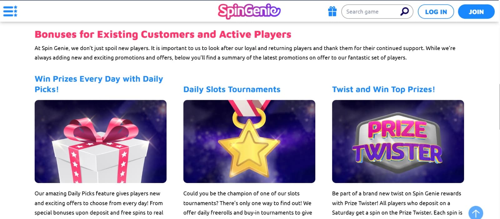 Spingenie Casino promotions page with bonuses for existing customers