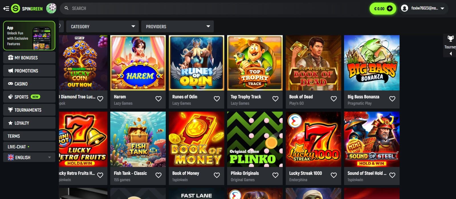 SpinGreen Casino games page featuring the slots, live casino, and table games icons under category and provider dropsdowns