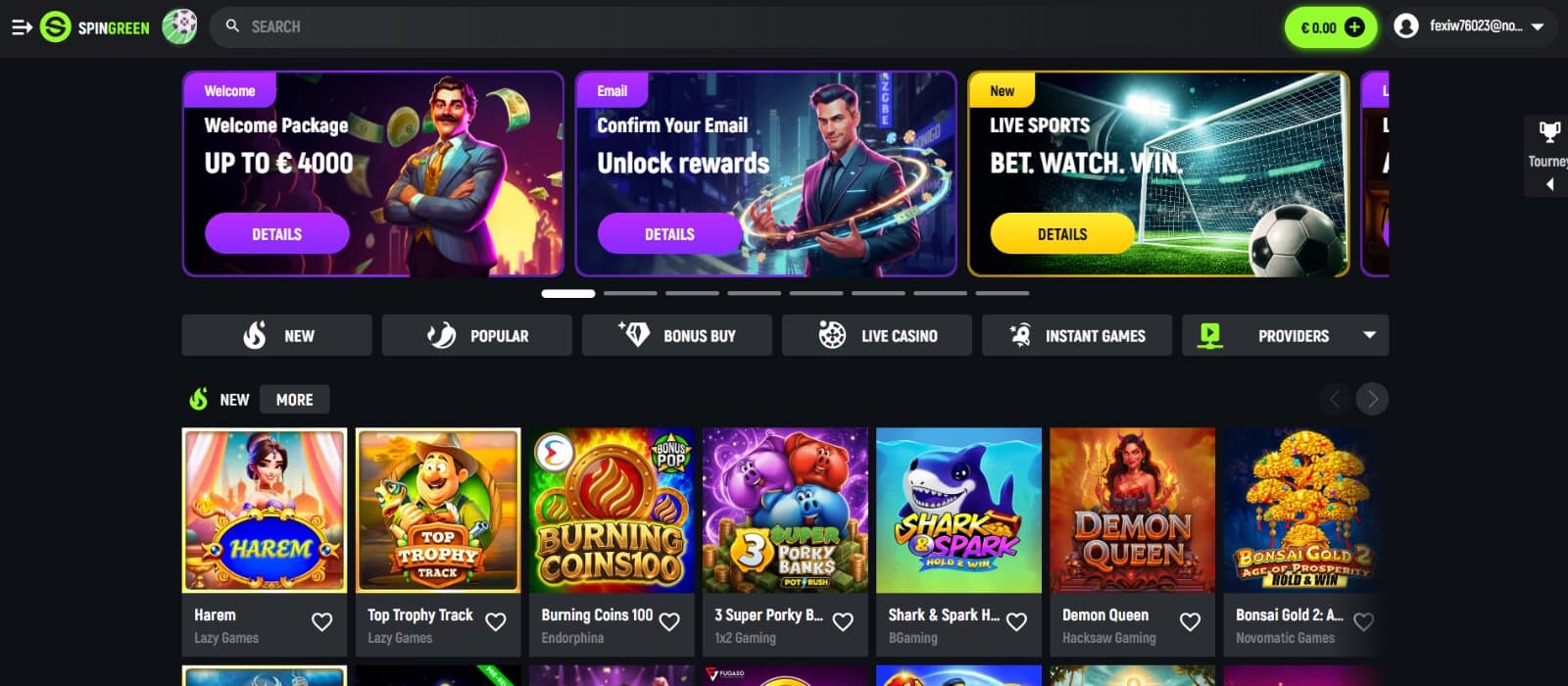 SpinGreen Casino landing page featuring the sports and casino bonus banners , game categories, and new slots section