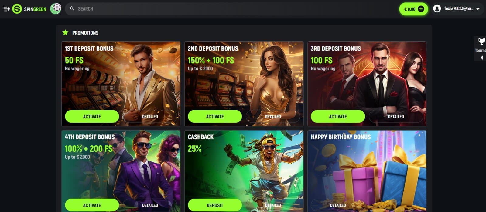 SpinGreen Casino promotions page featuring the welcome deposit bonuses, 25% cashback, birthday bonus, and free spins promotions