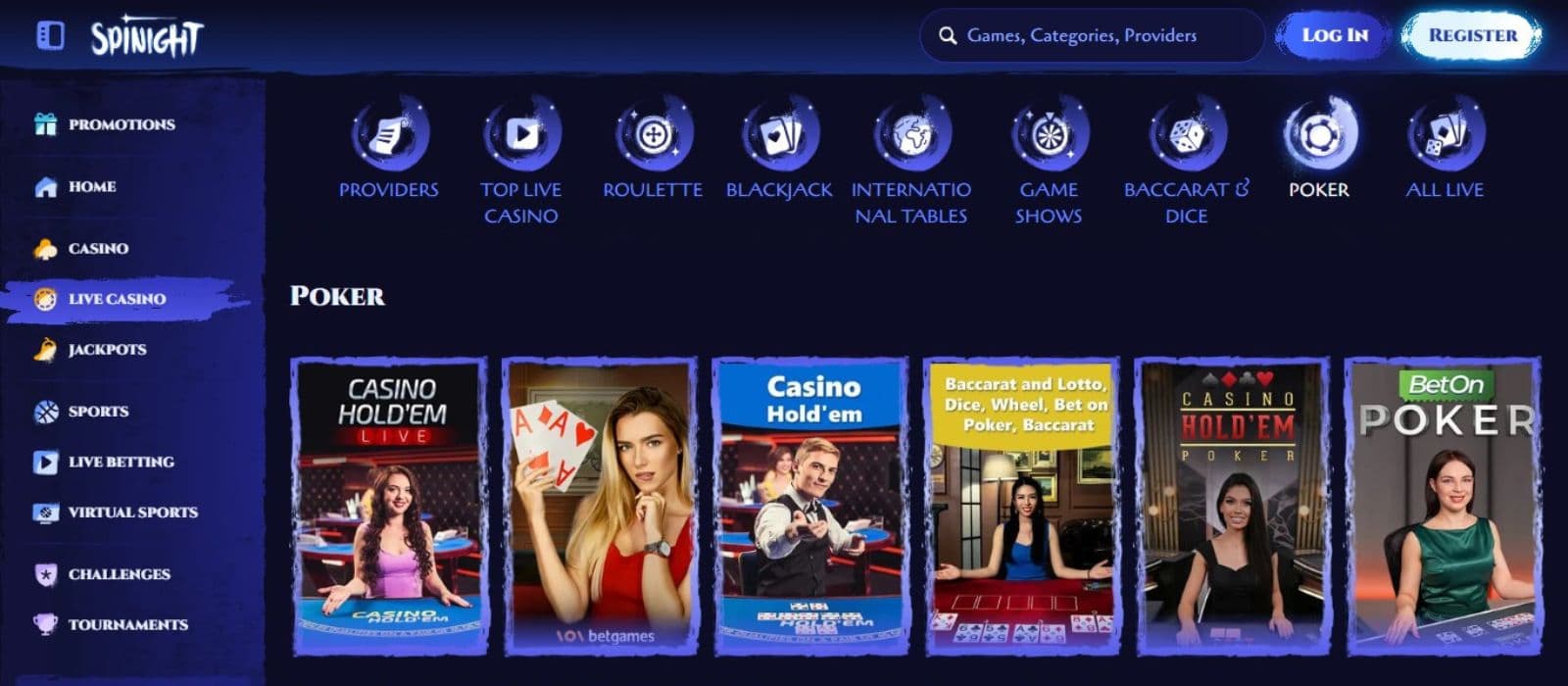 Spinight Casino's live games section, showing variations of poker.