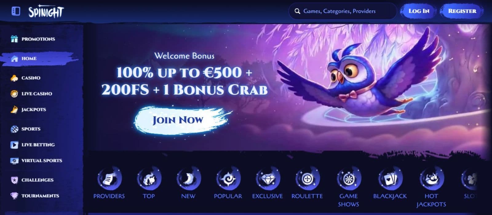 Spinight Casino's homepage, showing the welcome bonus and a sidebar menu.