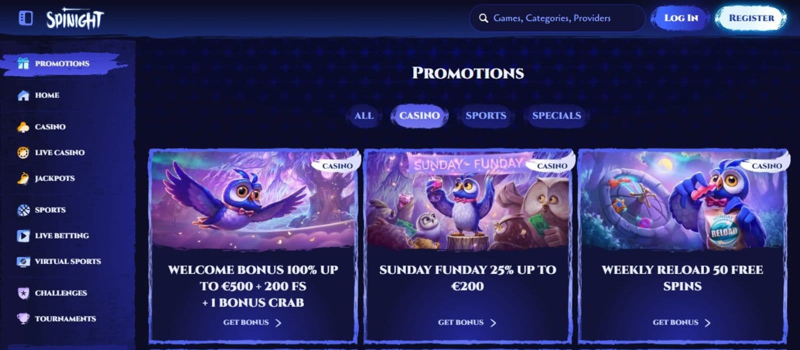 Spinight Casino's promotions page, showing the welcome bonus and other weekly reloads bonuses.