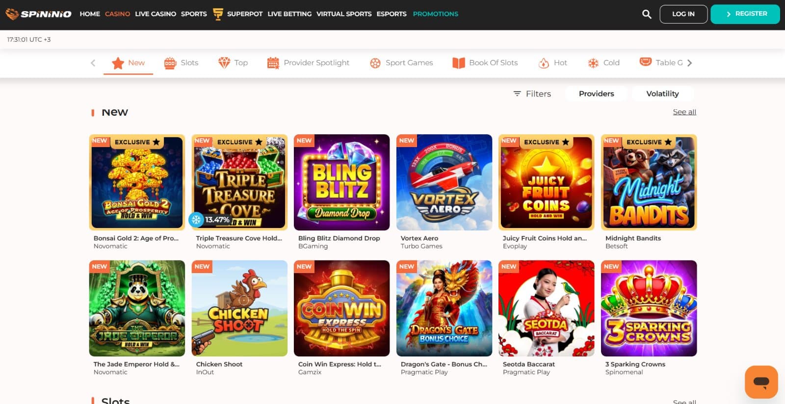 Spininio Casino's games page featuring the slot game icons in its main lobby section
