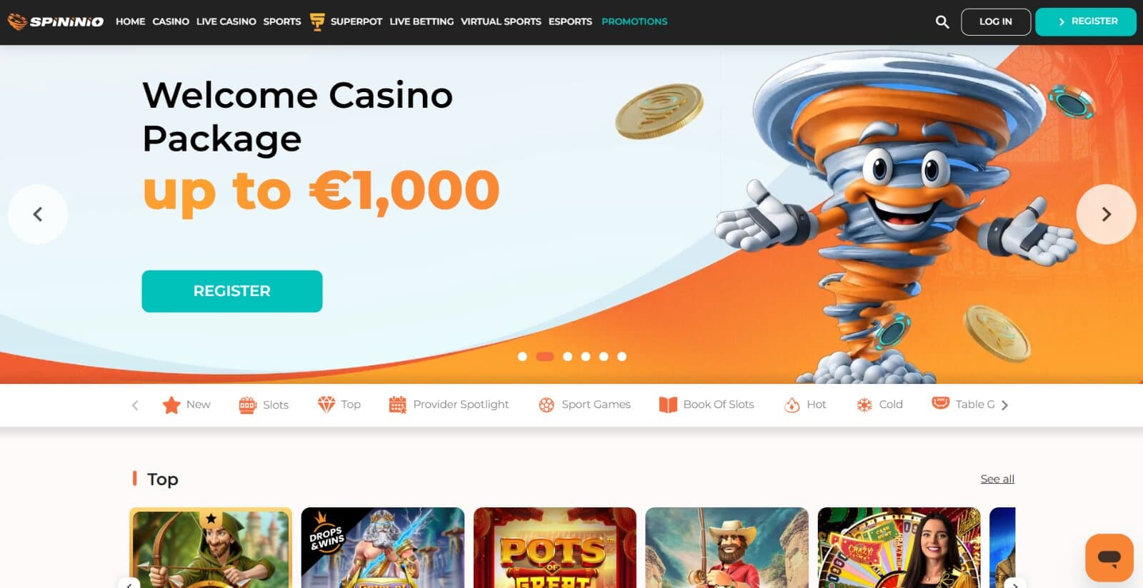 Spininio Casino's landing page displaying the welcome bonus banner of 1000 euros with tornado image above main game categories