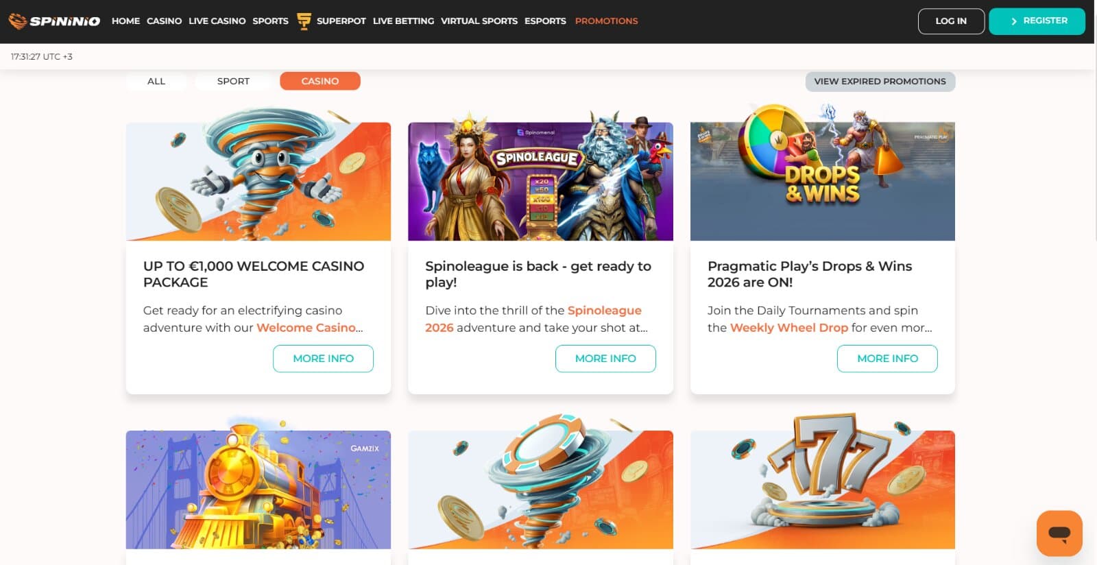 Spininio Casino's promotions page featuring the welcome offer, slot tournaments and reload offers with their respective banners