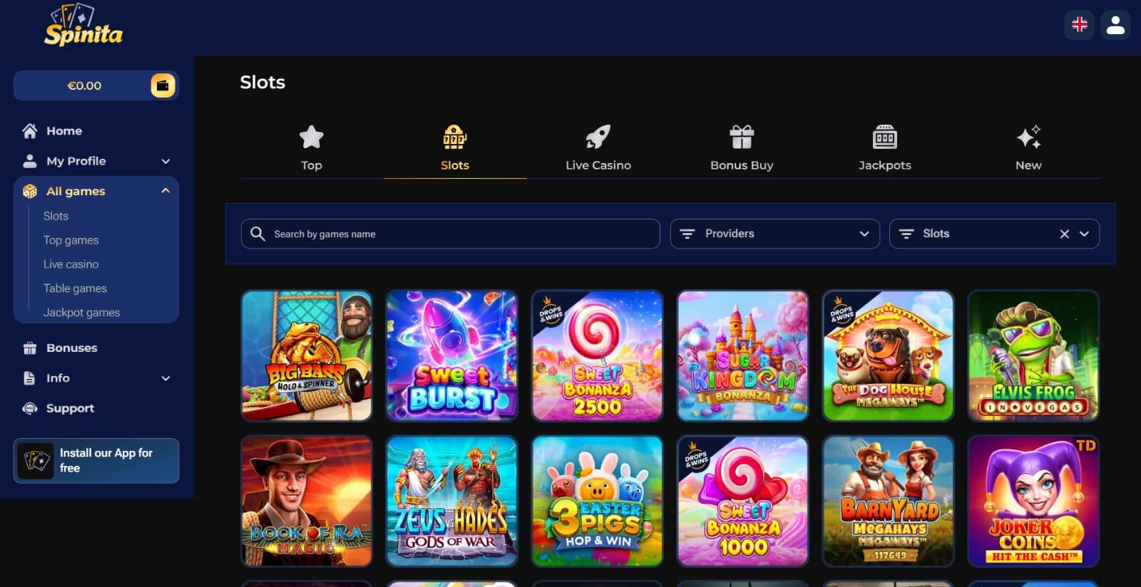 Spinita Casino games page featuring the slot collection under search and provider filters
