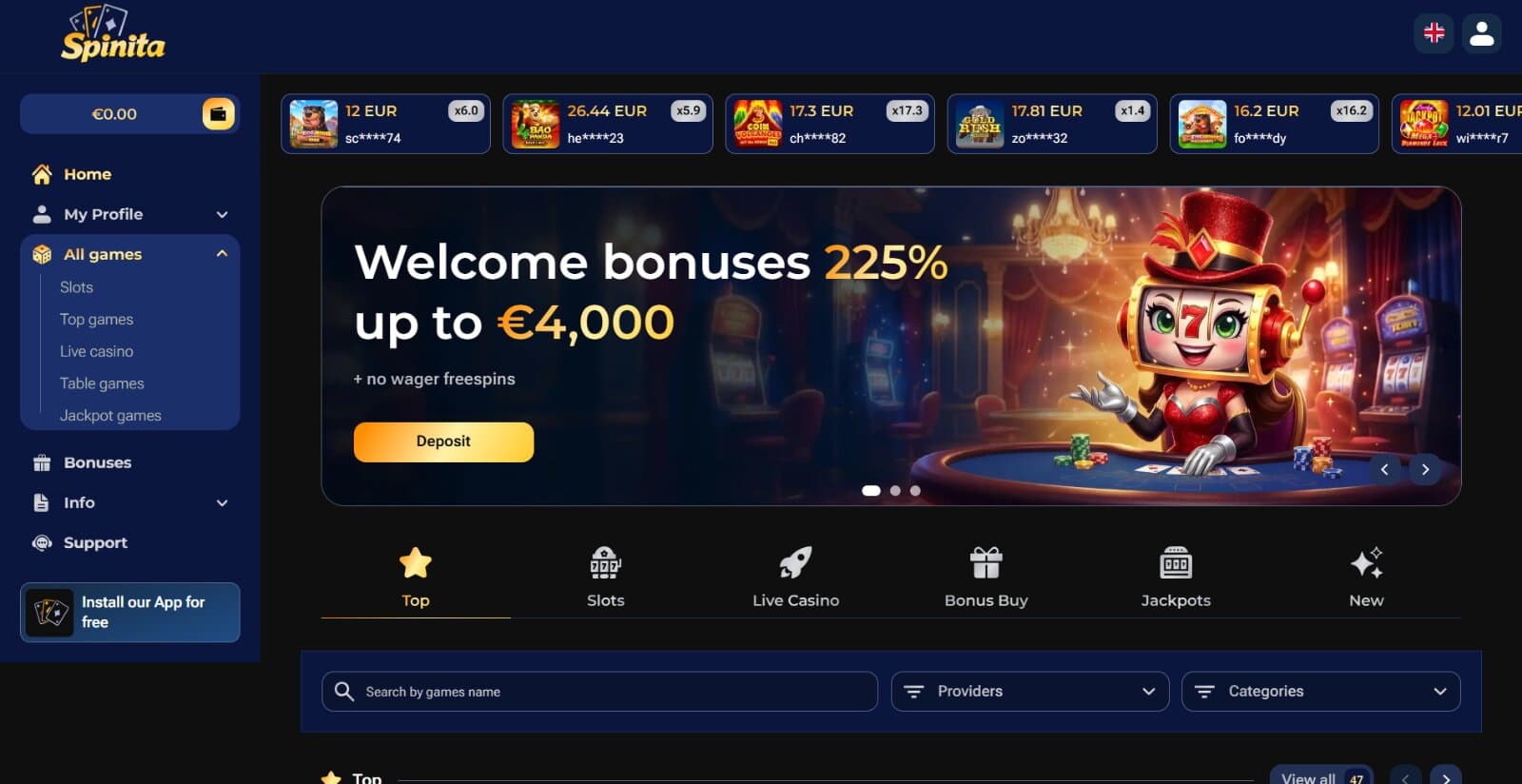 Spinita Casino landing page featuring the welcome bonus banner, side menu, and main game categories and search filters