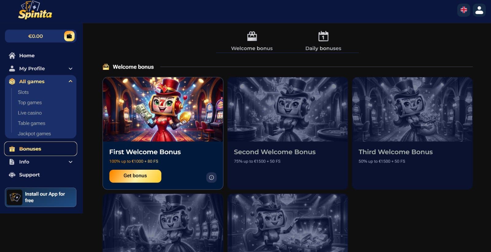 Spinita Casino promotions page featuring the welcome bonuses and daily bonus calendar