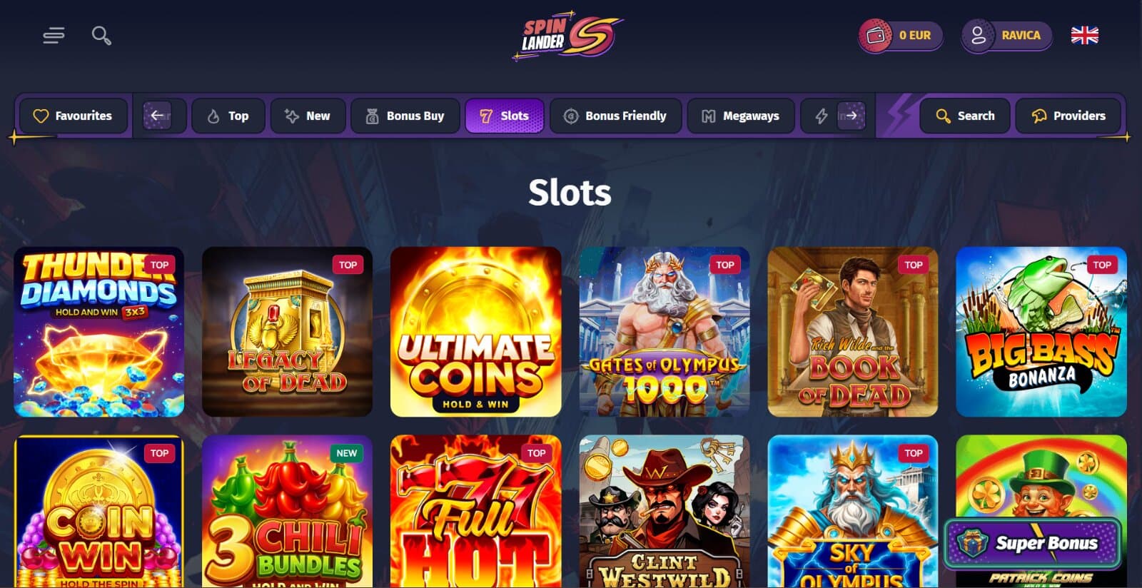 Spinlander Casino's games page displaying the slots lobby with colourful icons representing Big Bass Bonanza and Rich Wilde