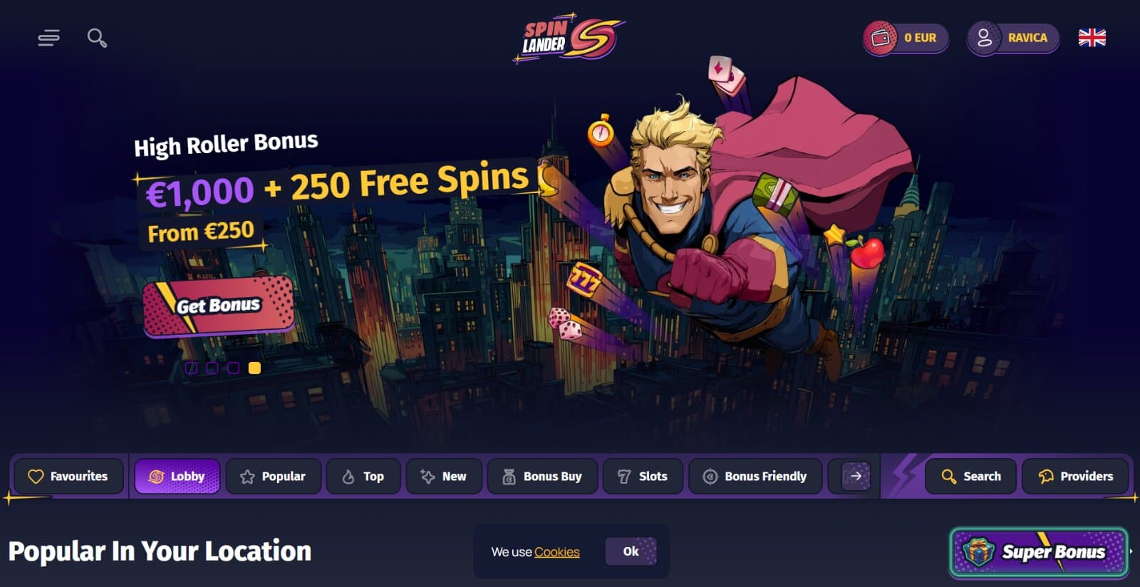 Spinlander Casino's landing page featuring the high roller welcome bonus with superhero image banner, game categories, and features popular slots