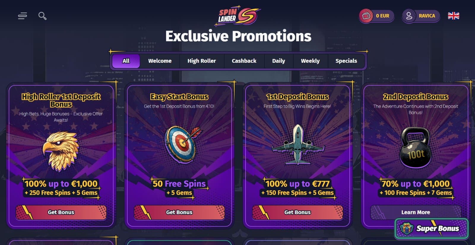 Spinlander Casino's promotions page featuring the welcome bonus options, reload offers, daily bonuses, cashback bonus, and weekly promos