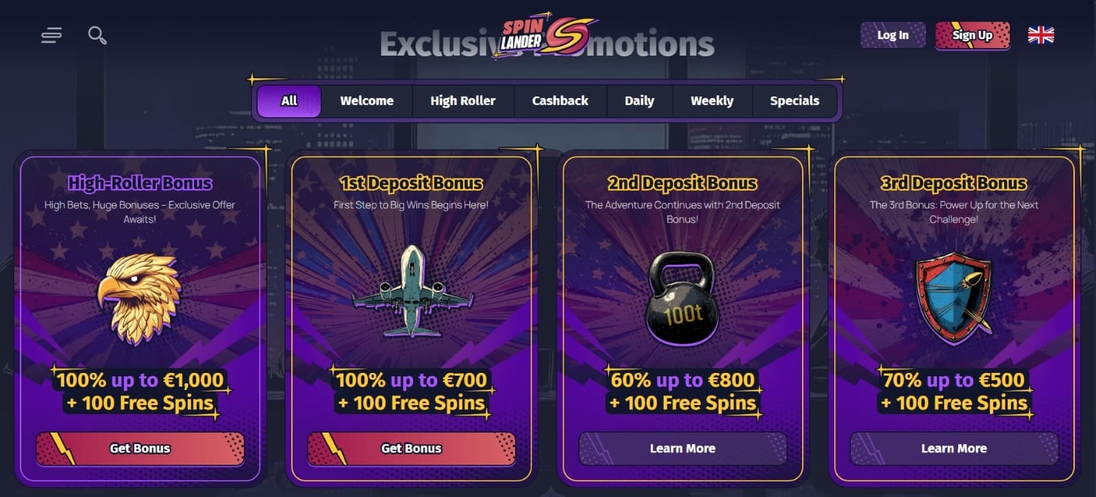 The promotions page of Spinlander Casino presents the welcome package worth up to 2300 euros and 300 free spins.