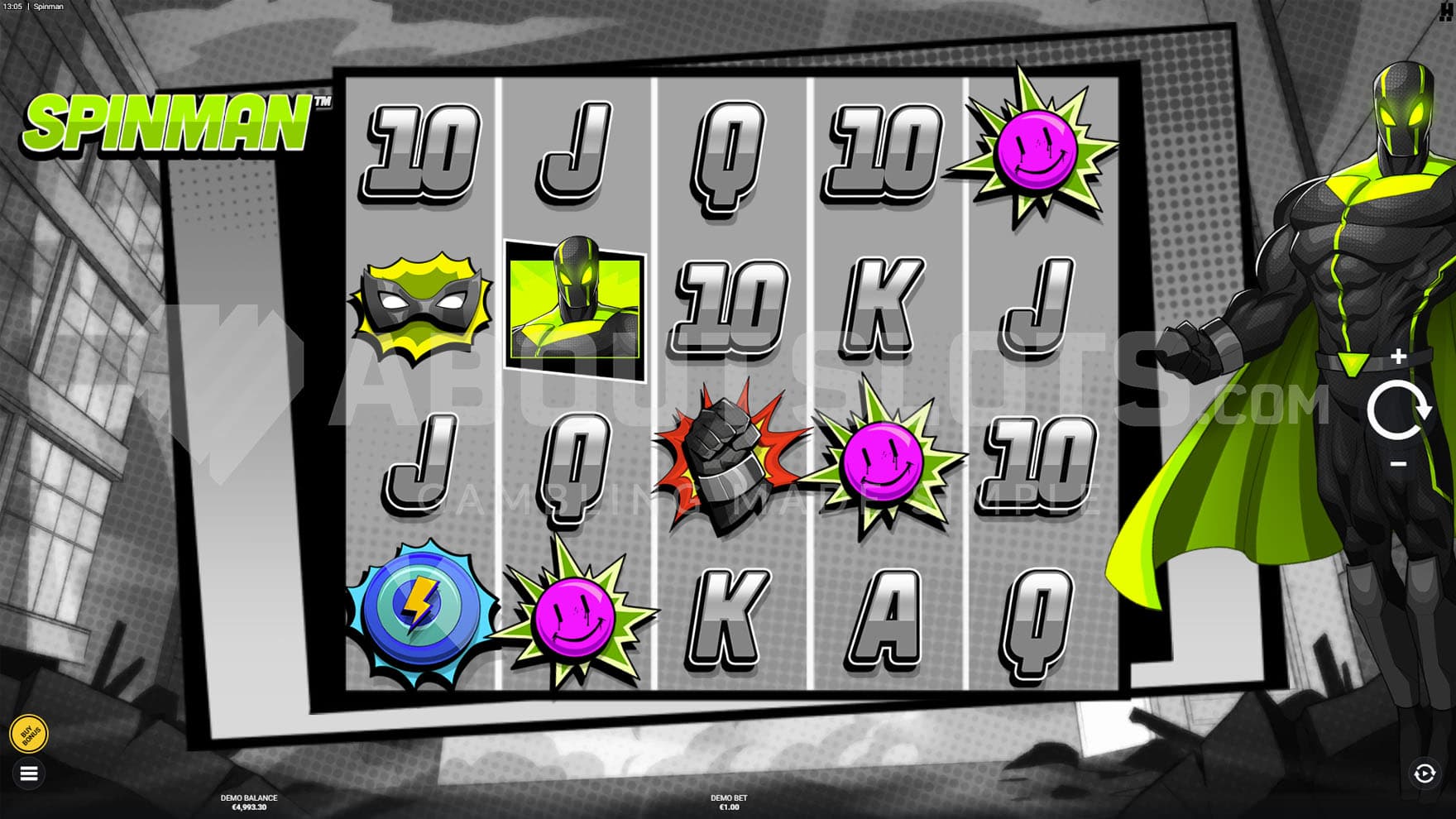 Base Game view of a 5x4 grid on a comic style background of a modern city and a superhero hovering on the right.