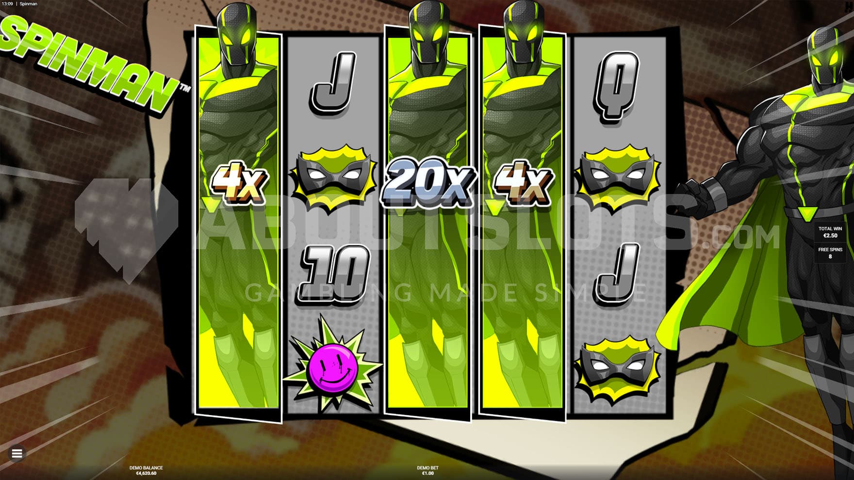 Spinfinity bonus in progress, showing reel 1, 3, and 4 occupied by Expanding Wilds with multipliers of x4, x20, and x4.