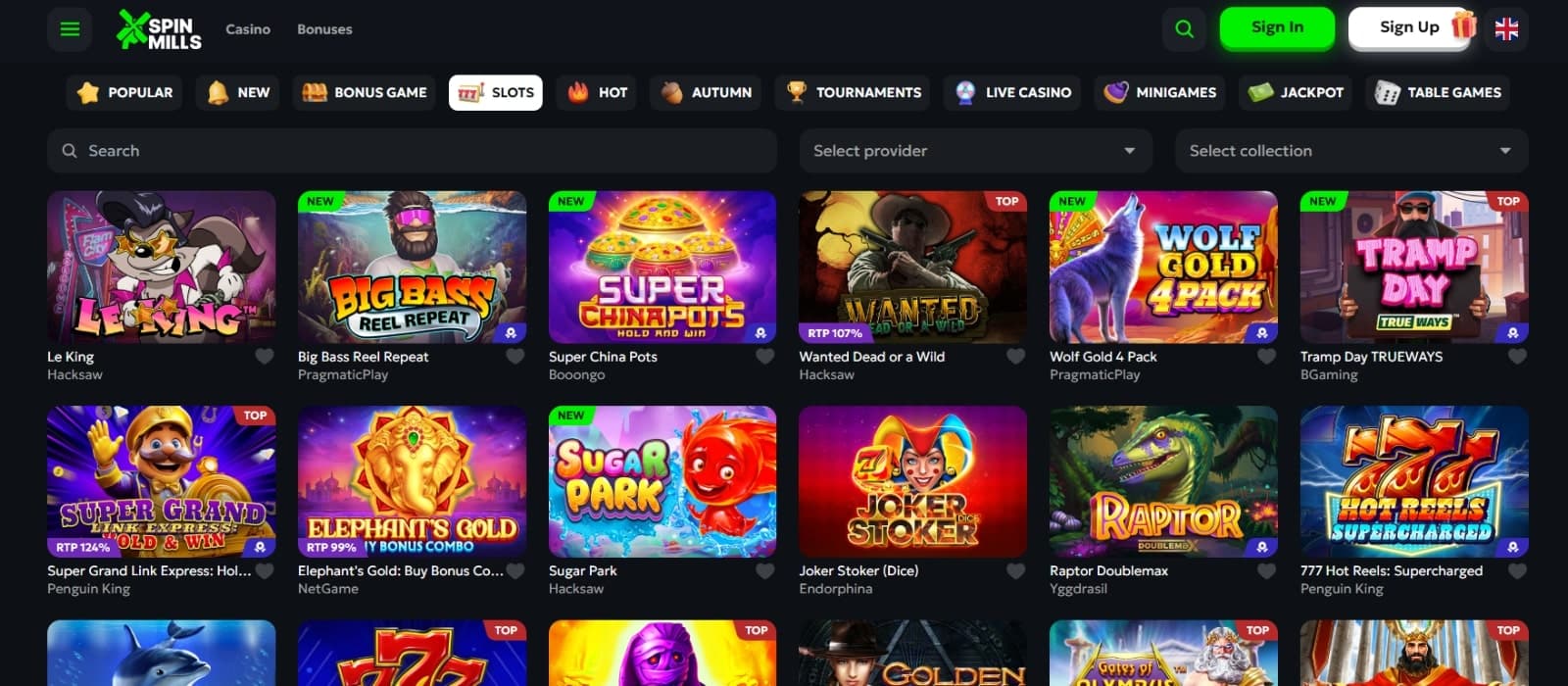 SpinMills Casino games page displaying the slots section with search features and game categories,.