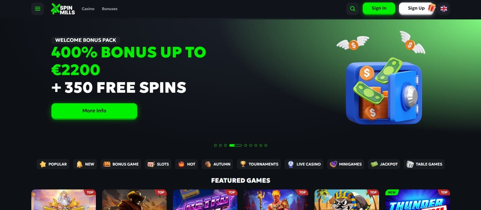 SpinMills Casino landing page featuring the 400% welcome bonus up to 2200 euros and 350 free spins, features games section