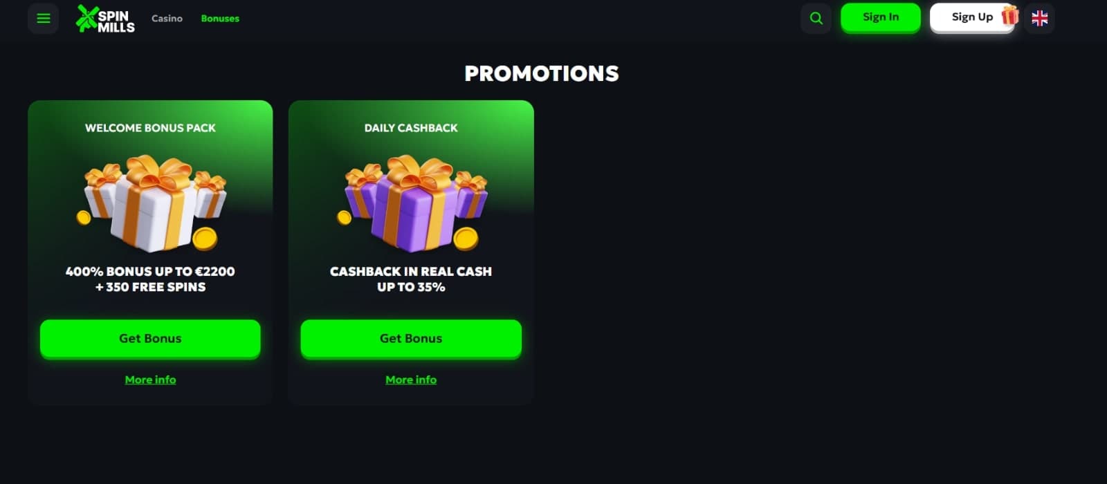 SpinMills Casino promotions page featuring the 400% welcome bonus and cashback up to 35%