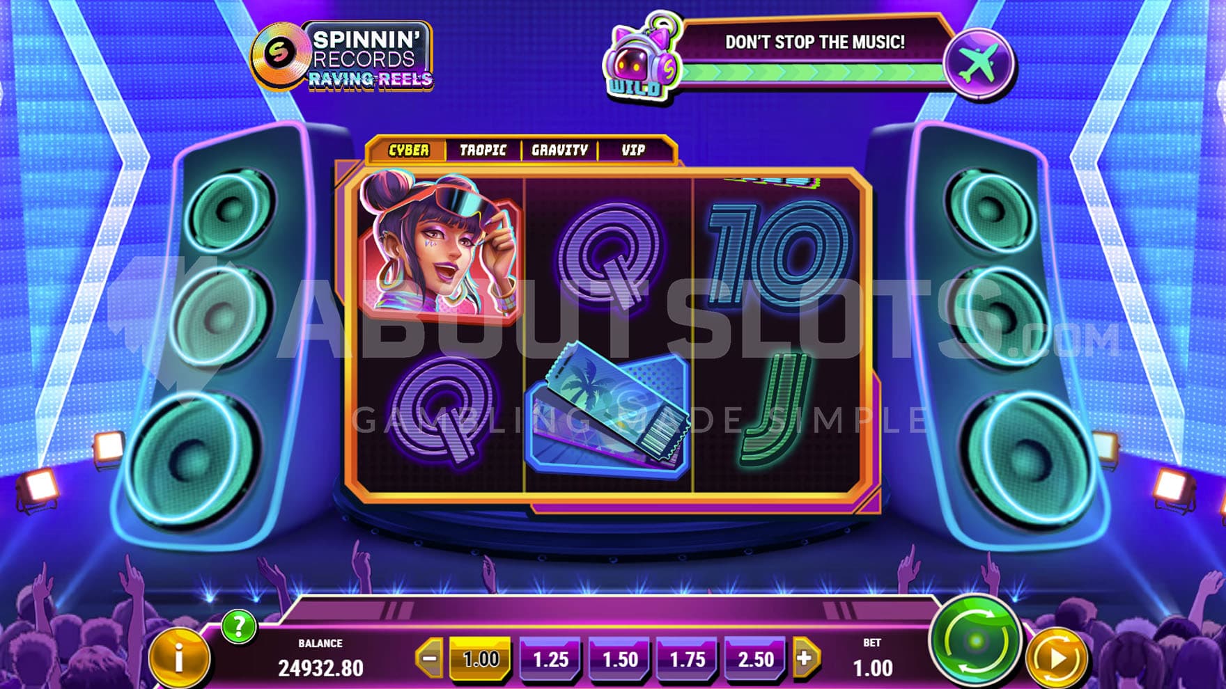 Base Game view of a 3x2 grid on a backdrop of a futuristic music stage.