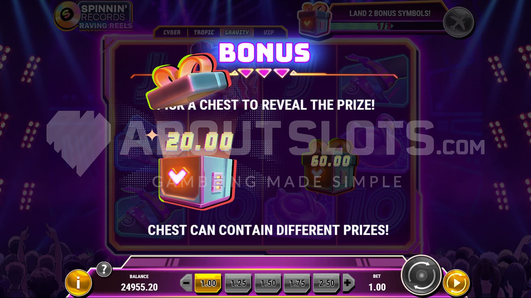 Bonus instant win of 20x the bet triggered in the base game by a Chest symbol.