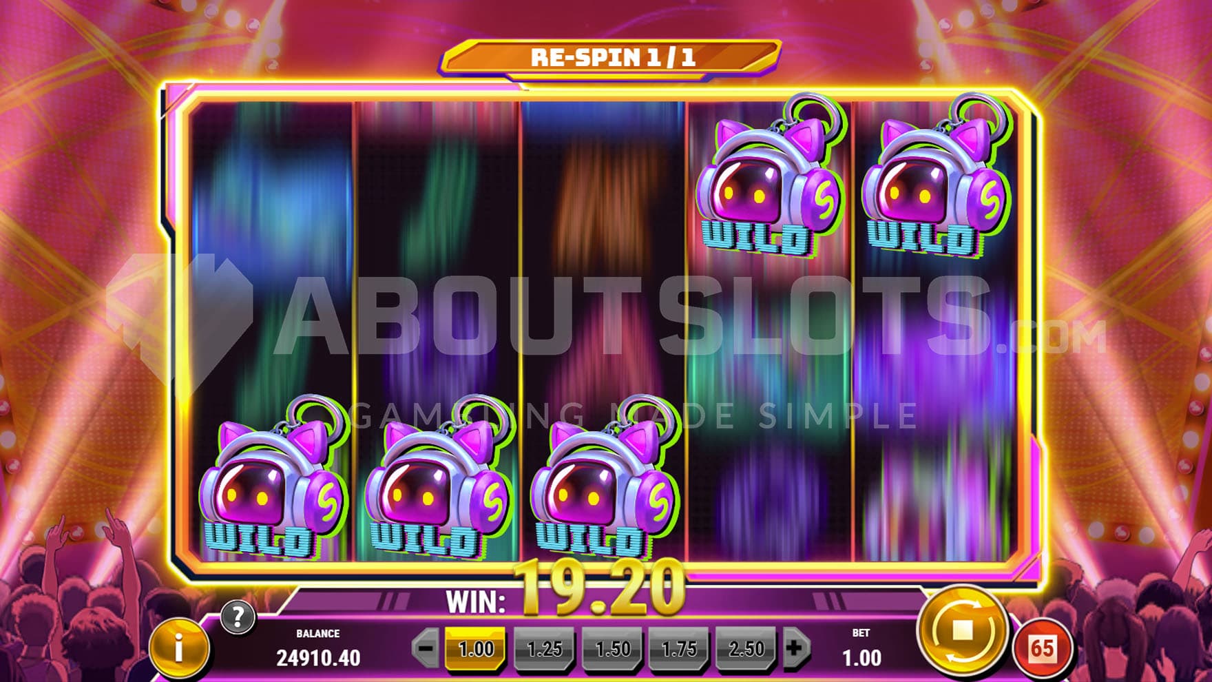 Re-Spin feature triggered in the base game, showing 5 Wilds held sticky on the grid.