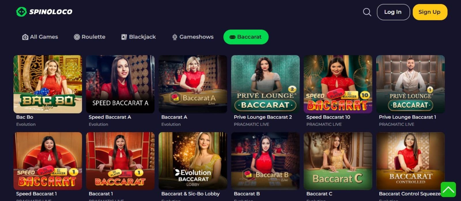 Spinoloco Casino's live games section, showing variations of baccarat.