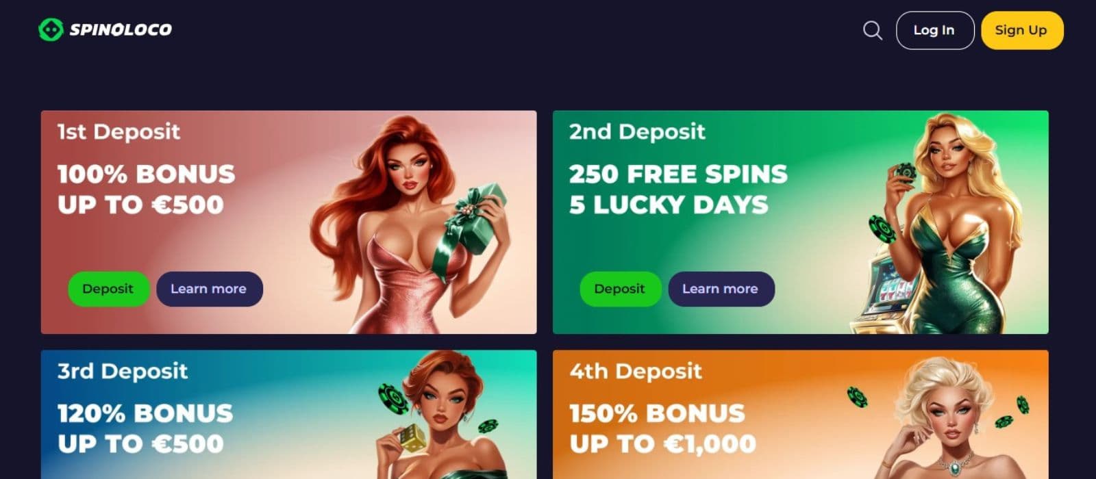 Spinoloco Casino's promotions page, showing the 4 welcome bonuses.