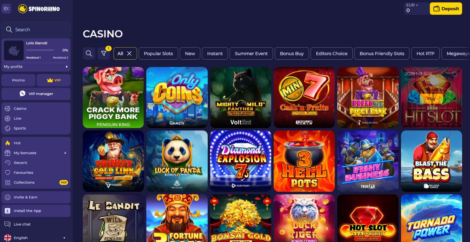 Spinorhino Casino's games page featuring the colourful slot icons under main sorting tabs next to side menu