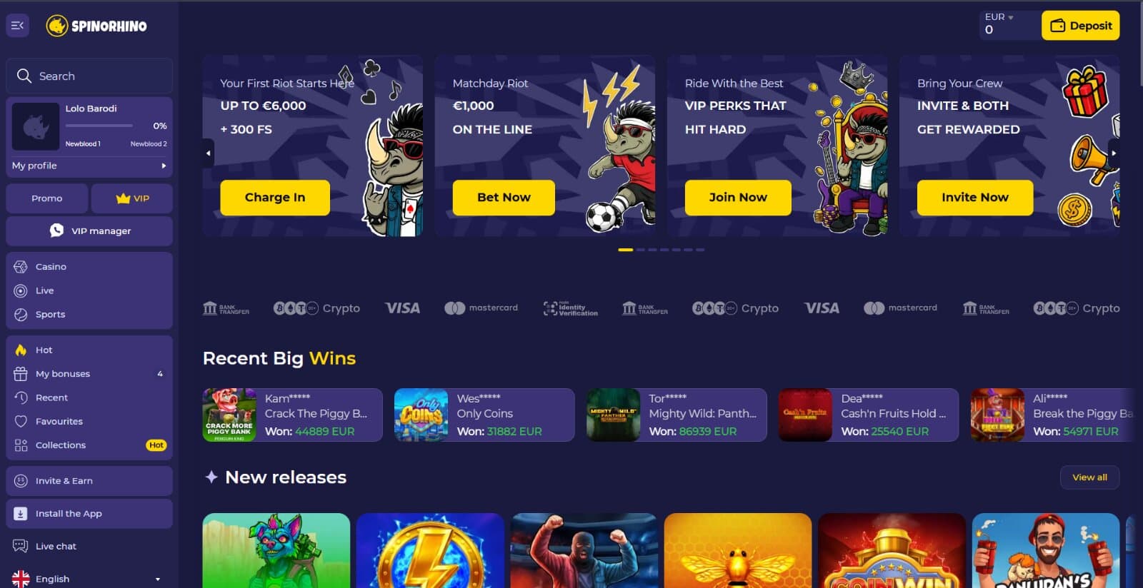 Spinorhino Casino's landing page featuring the casino bonus banners, latest win leaderboard, and latest slot releases