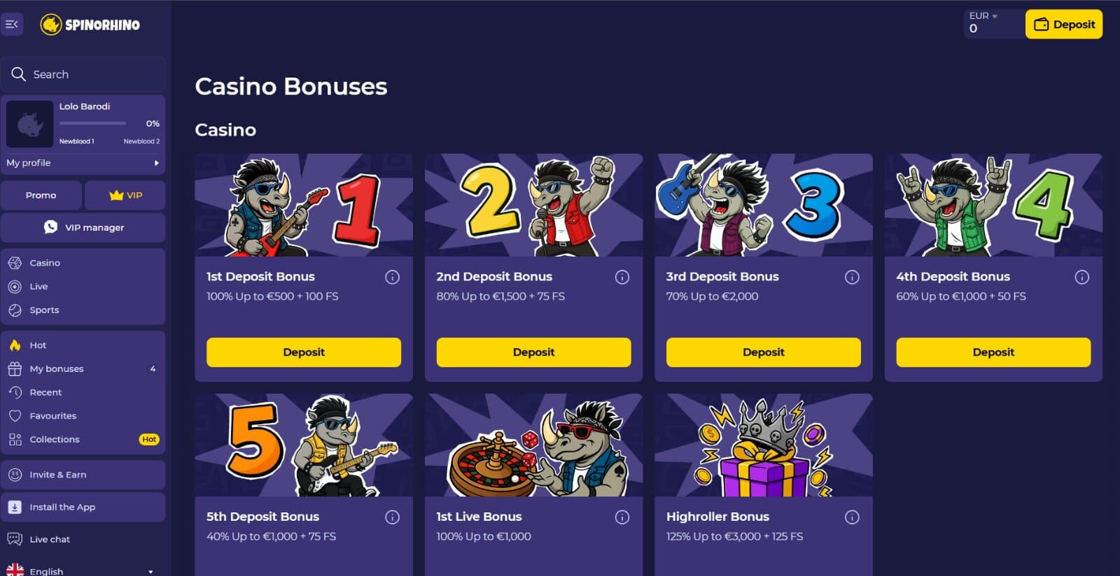 Spinorhino Casino's promotions page featuring the welcome offers, reload bonuses and other casino bonuses with promotional banner of rhino mascot