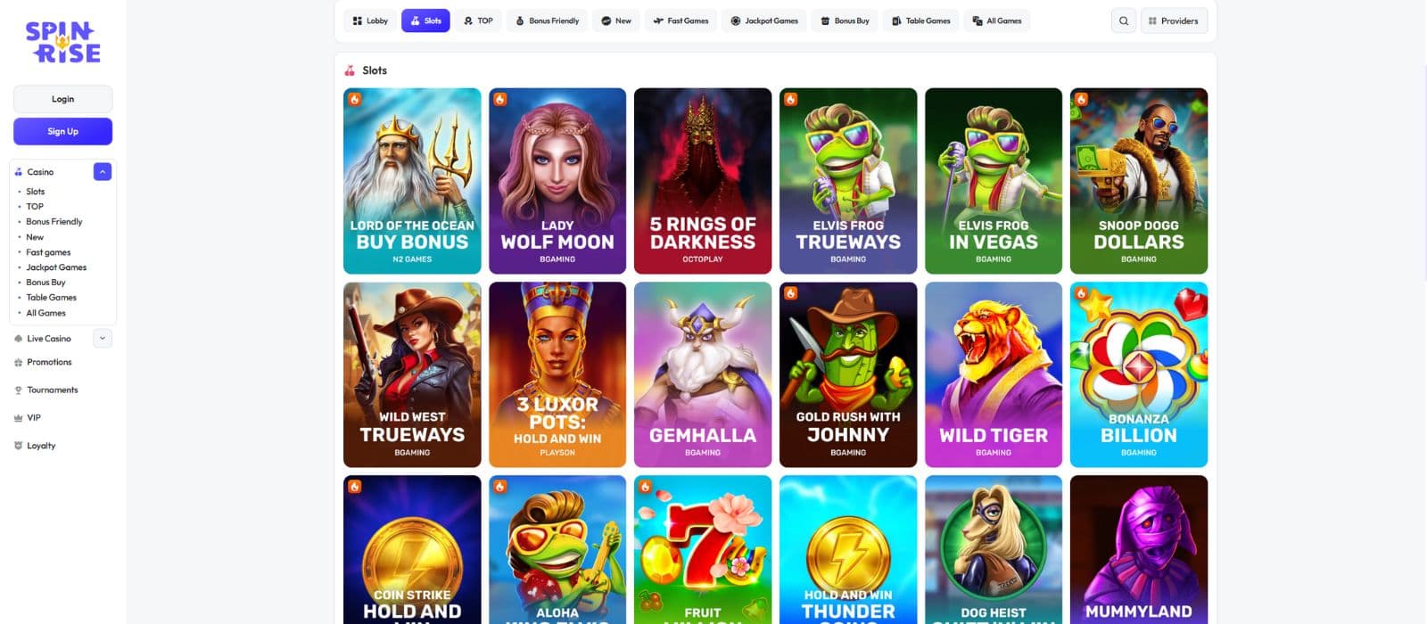Spinrise Casino games page showing a selection of slots and available game categories on top