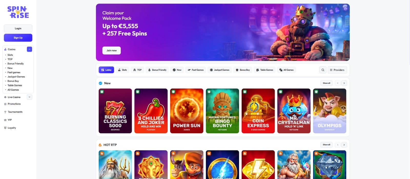 Spinrise casino landing page showing a selection of games, the game categoires, and the main menu ot the left