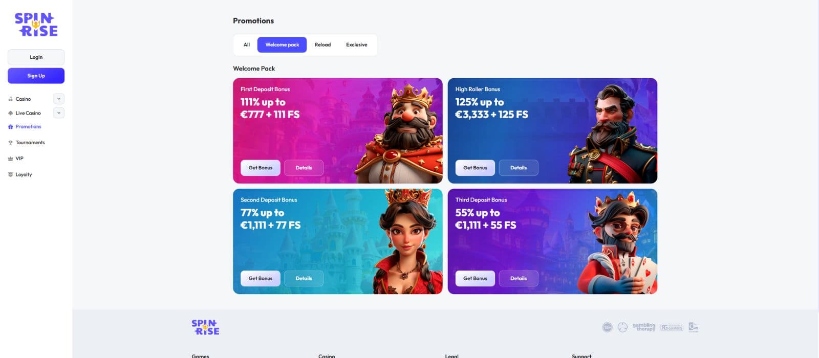 Spinrise Casino promotions page showing the available welcome bonus offers