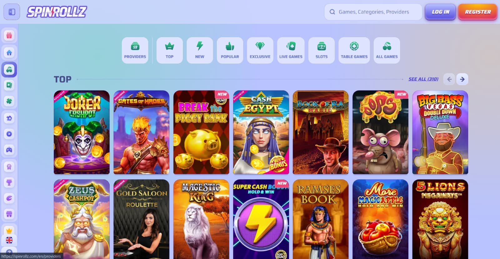 Spinrollz Casino games page with top slots under provider, top , new, popular and live games tabs