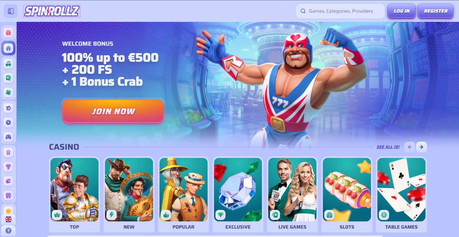 Spinrollz Casino landing page with welcome bonus 100% up to 500 eur with lucha libre mascot