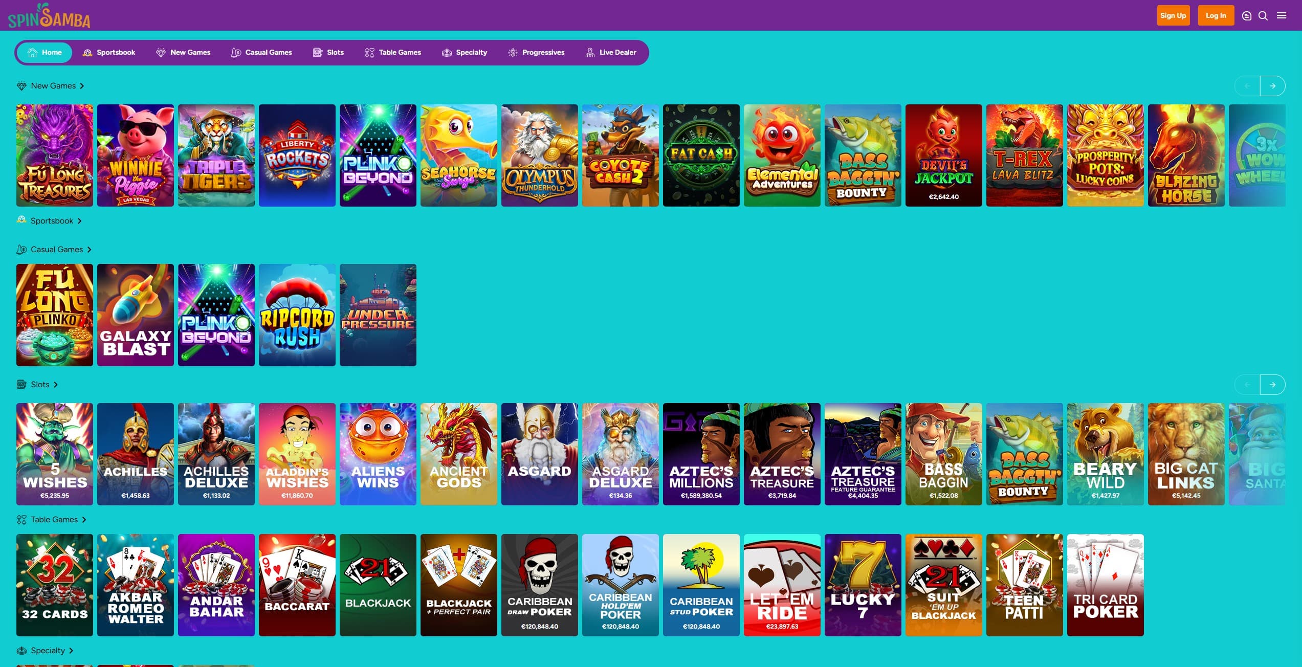 SpinSamba Games Page showing a selection of slot games and categories