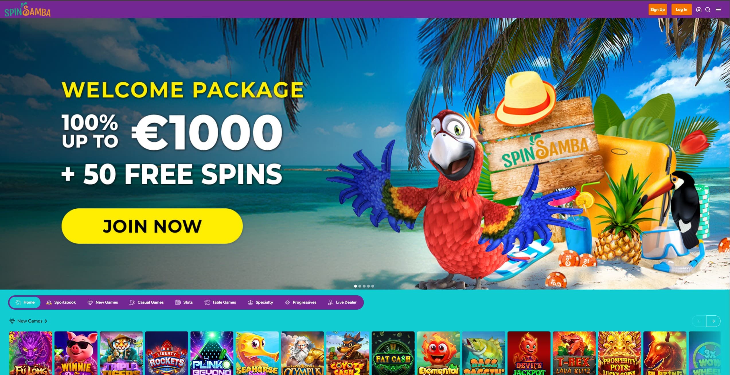 SpinSamba Landing Page showing the welocme offers, game categories and a selection of slot games