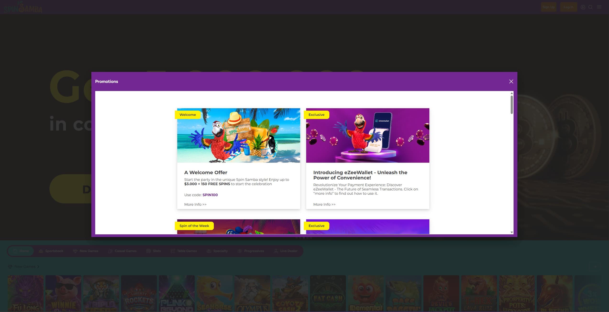 SpinSamba Promotions Page showing the available bonuses and promotions