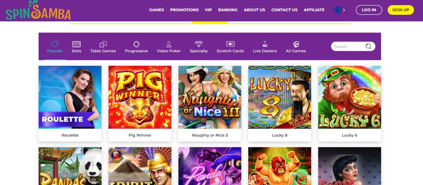Spin Samba Casino game page with roulette, slots and casino games